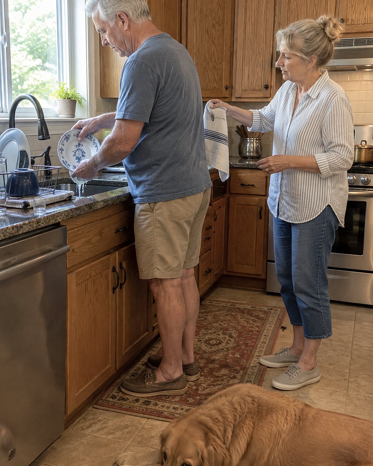 A couple in their sixties at the kitchen sink beneath a window in mid-afternoon, one rinsing a serving platter while the other hands over a dish towel.