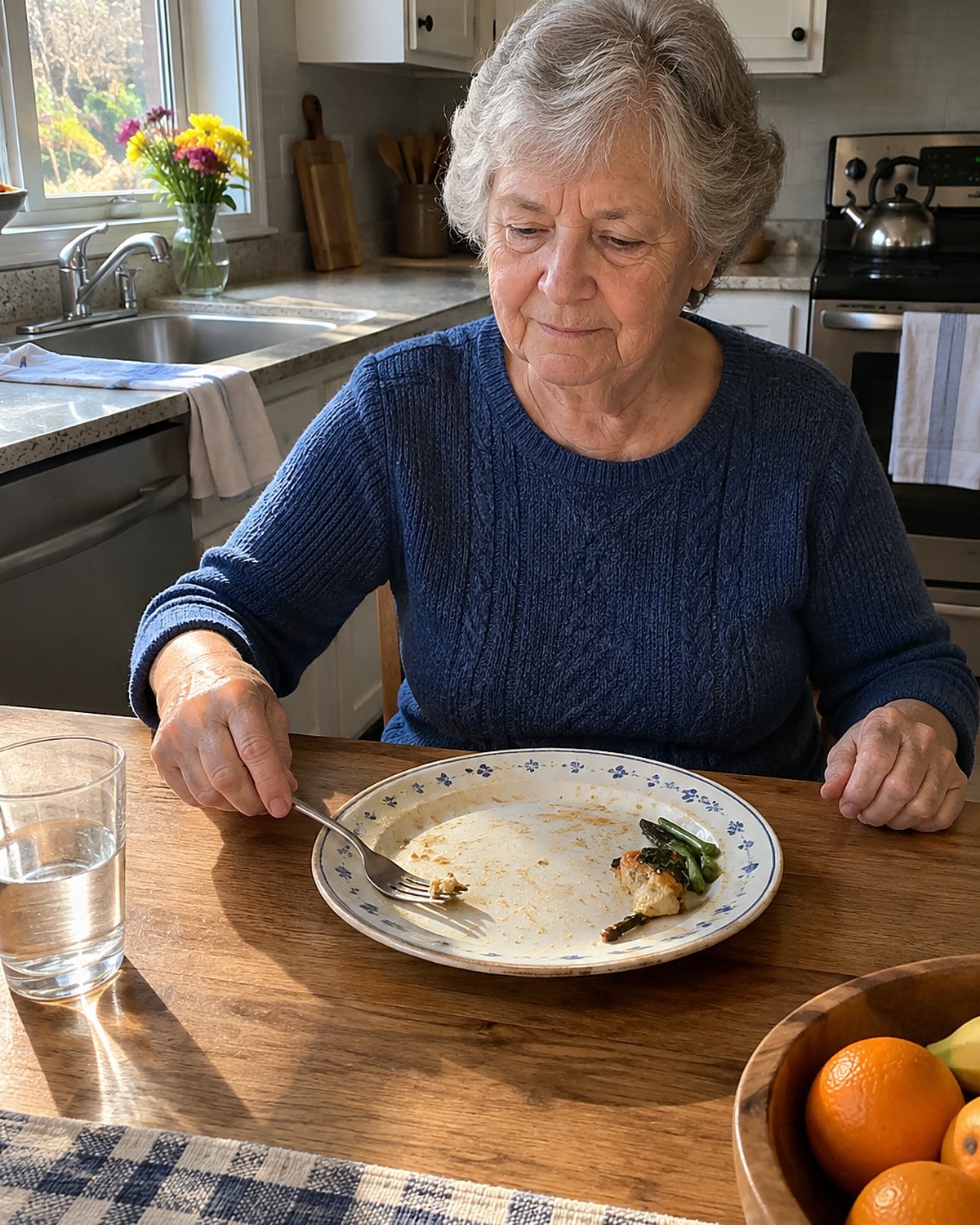 An older womanโs hands setting down a fork beside a plate with one bite of food remaining.