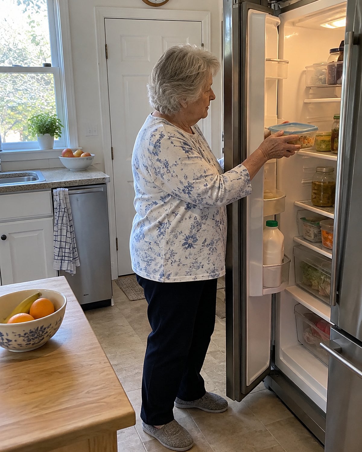 An older hand setting a covered supper portion into the refrigerator beneath a kitchen wall clock.