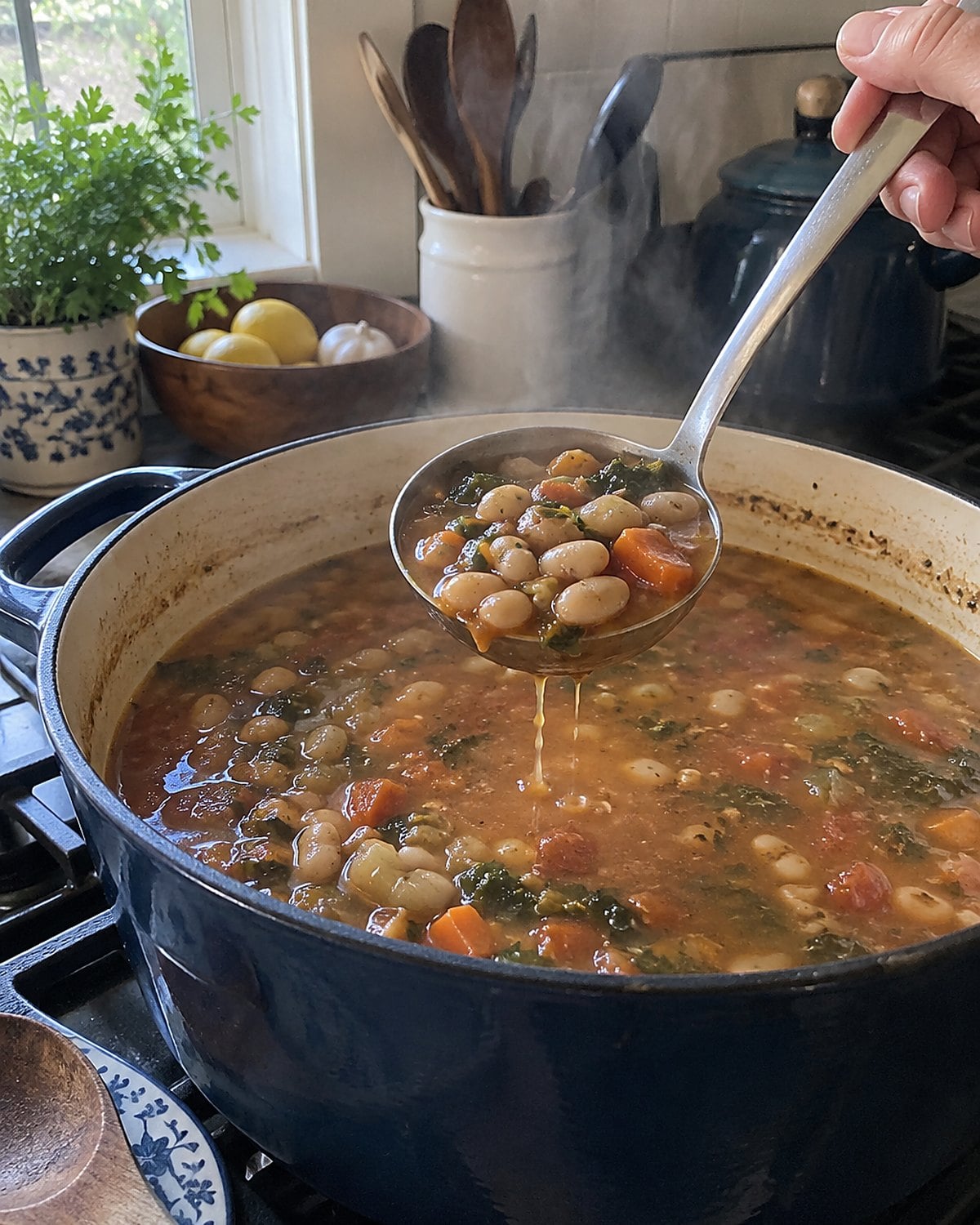 A ladle lifting beans and broth from a large soup pot on the stove.