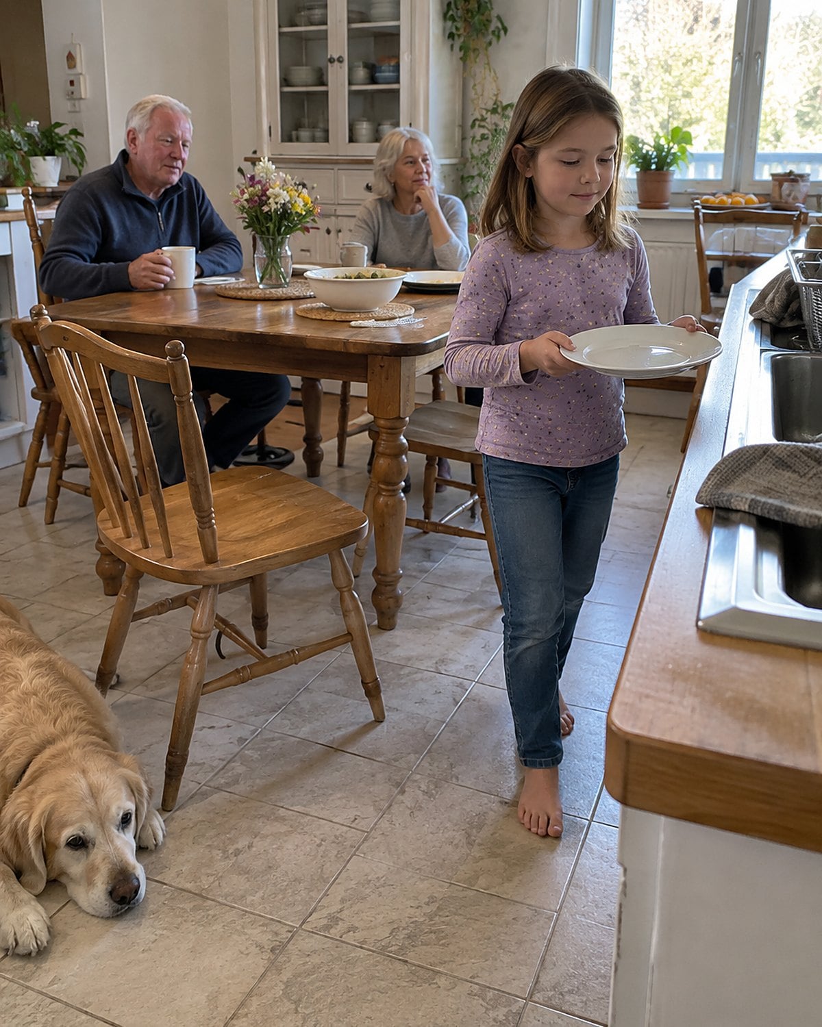 A child carrying an empty plate toward the sink while adults remain seated behind them.
