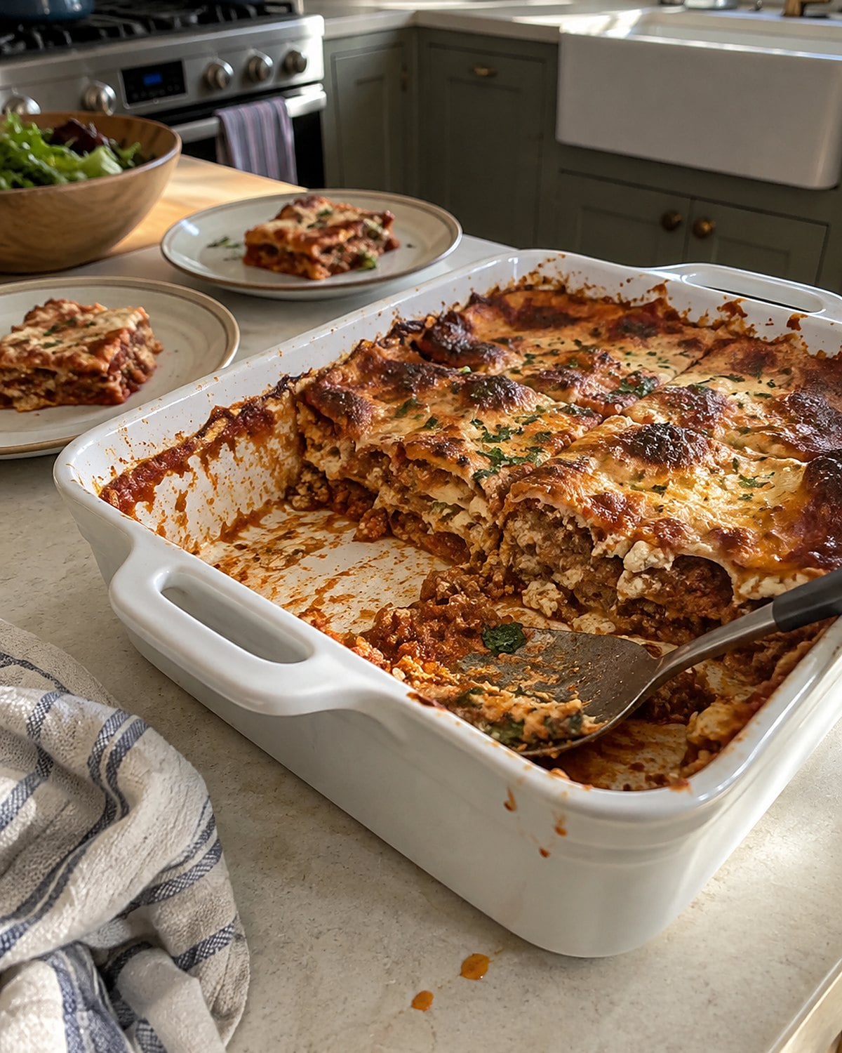 A baking dish with several casserole squares missing and one serving spoon resting on its rim.
