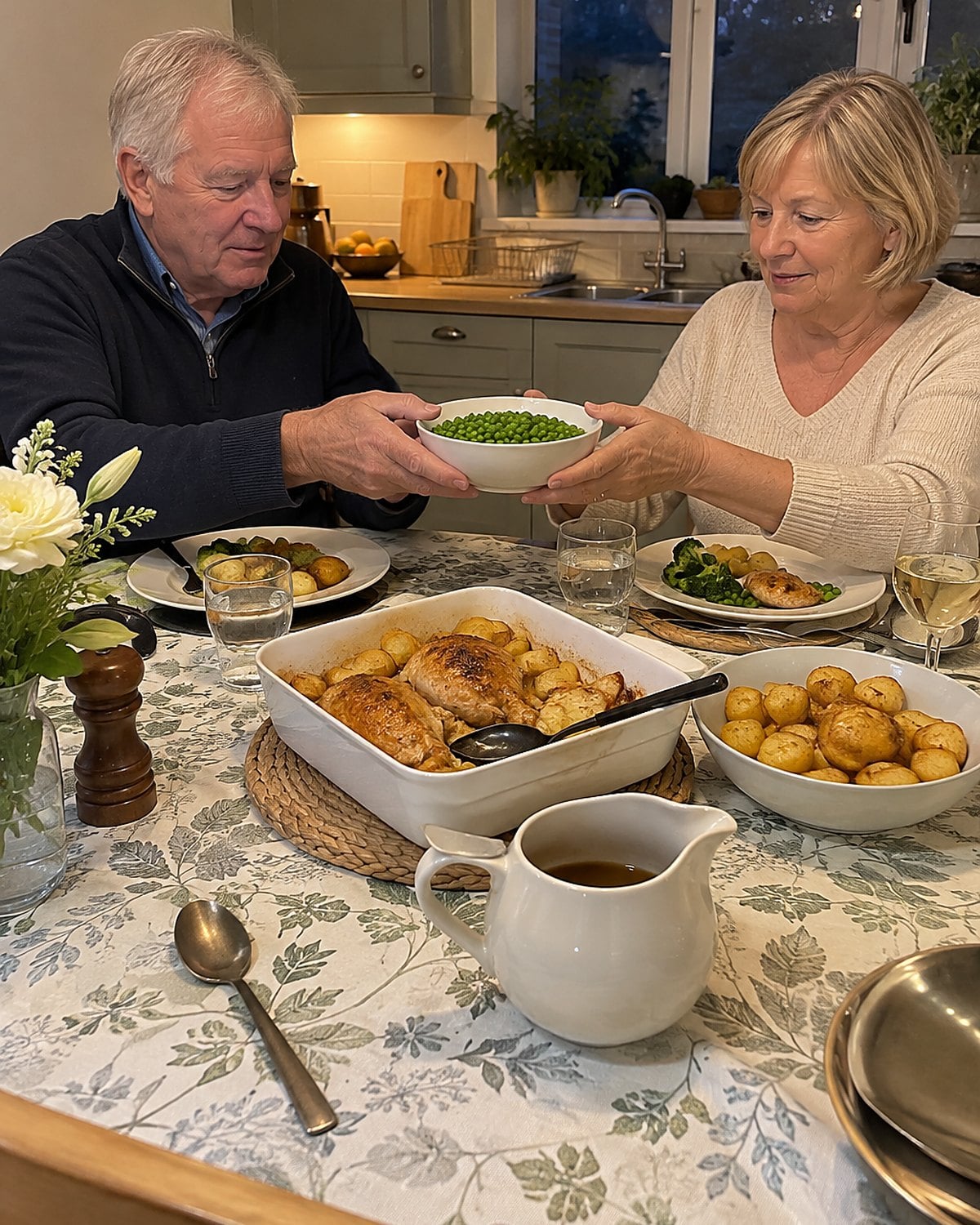 Hands passing a bowl of peas across a crowded dining table.