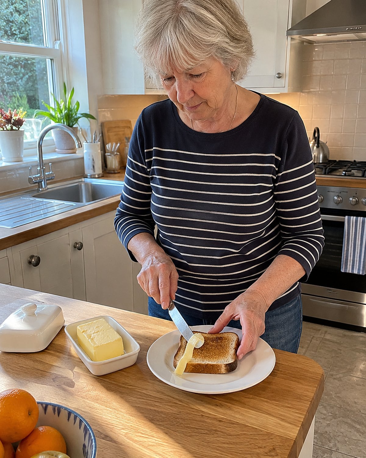 An older hand shaving a thin curl from cold butter onto a piece of toast at the counter.