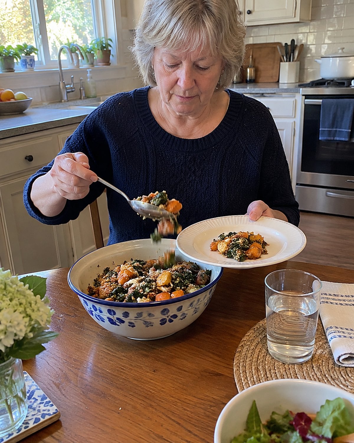 A small supper plate being filled from a serving bowl, with the bowl left on the table.