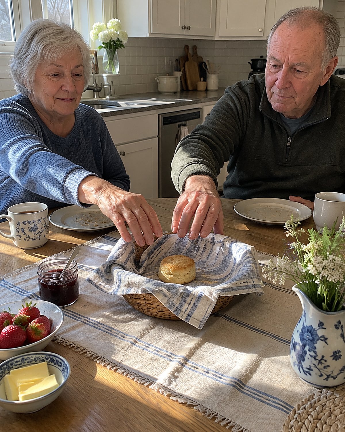 One biscuit left in a cloth-lined basket between two reaching hands.