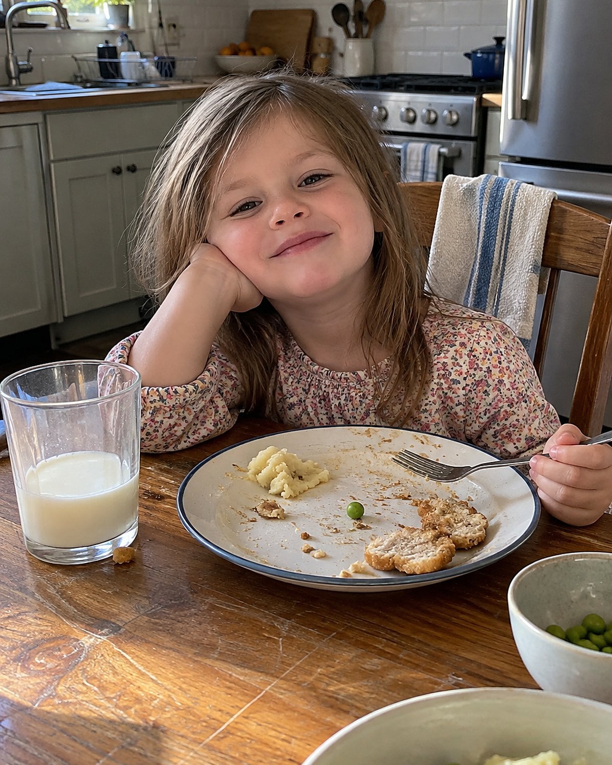 A half-full milk glass beside a childโs dinner plate on a scratched wooden table.