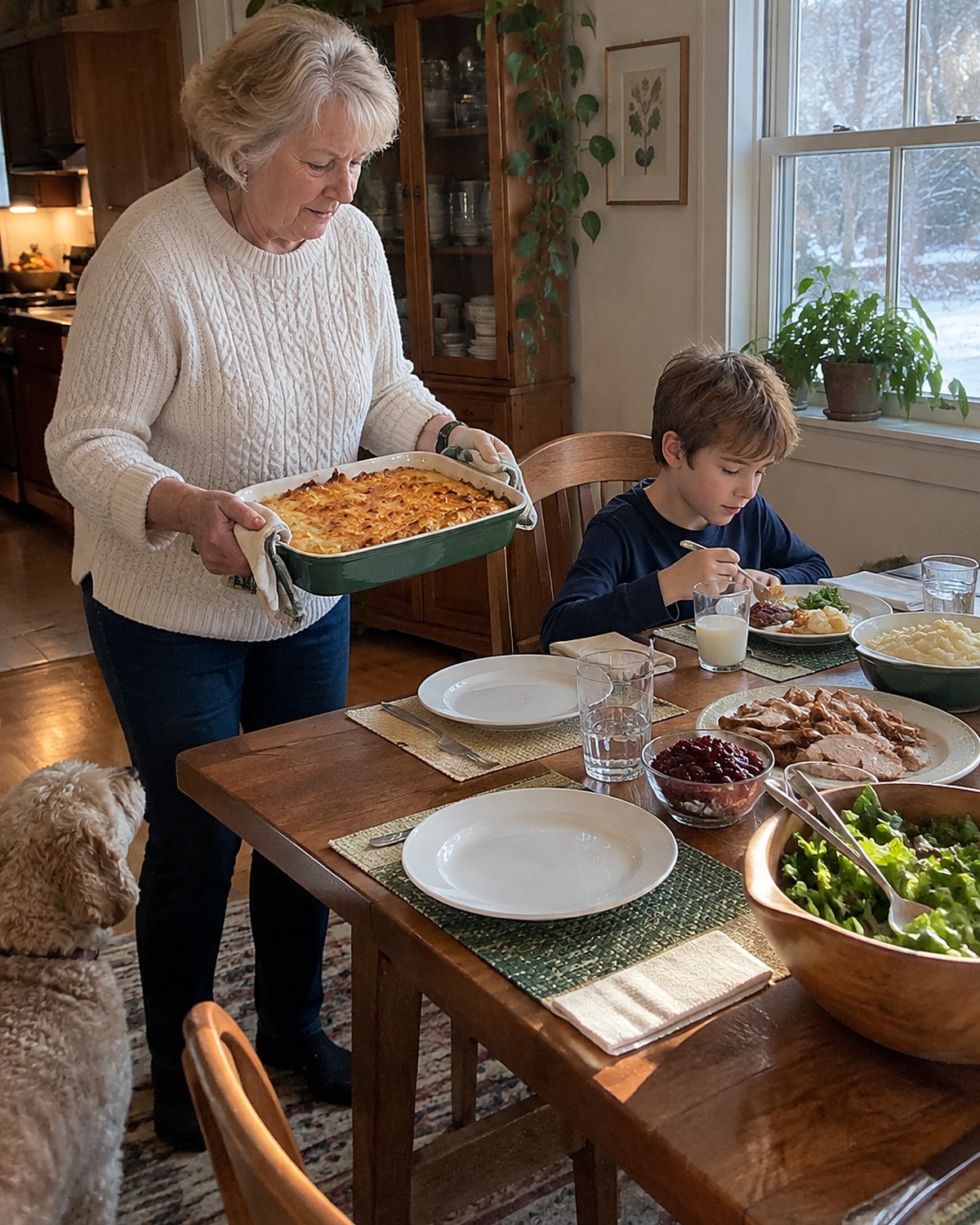 A childโs elbows near a milk glass while an adultโs hands carry a casserole past the crowded table.