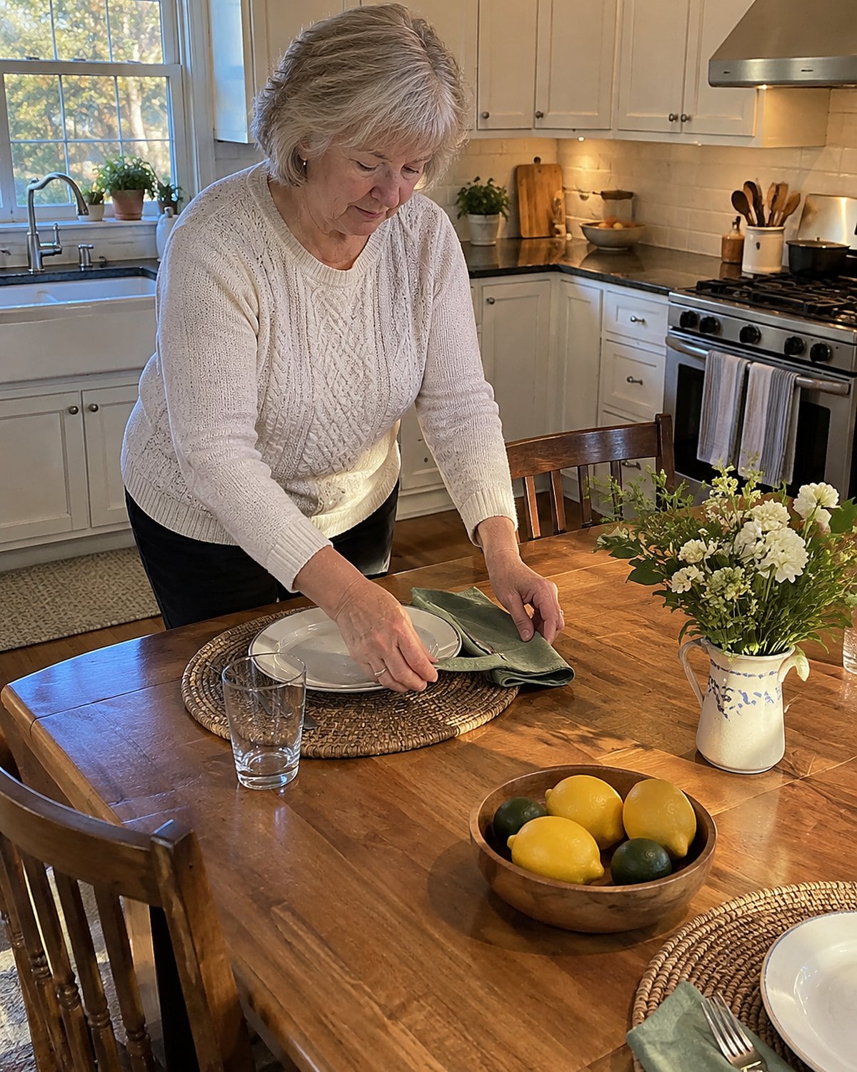 Older hands placing a wrinkled cloth napkin beside a plate at a kitchen table.