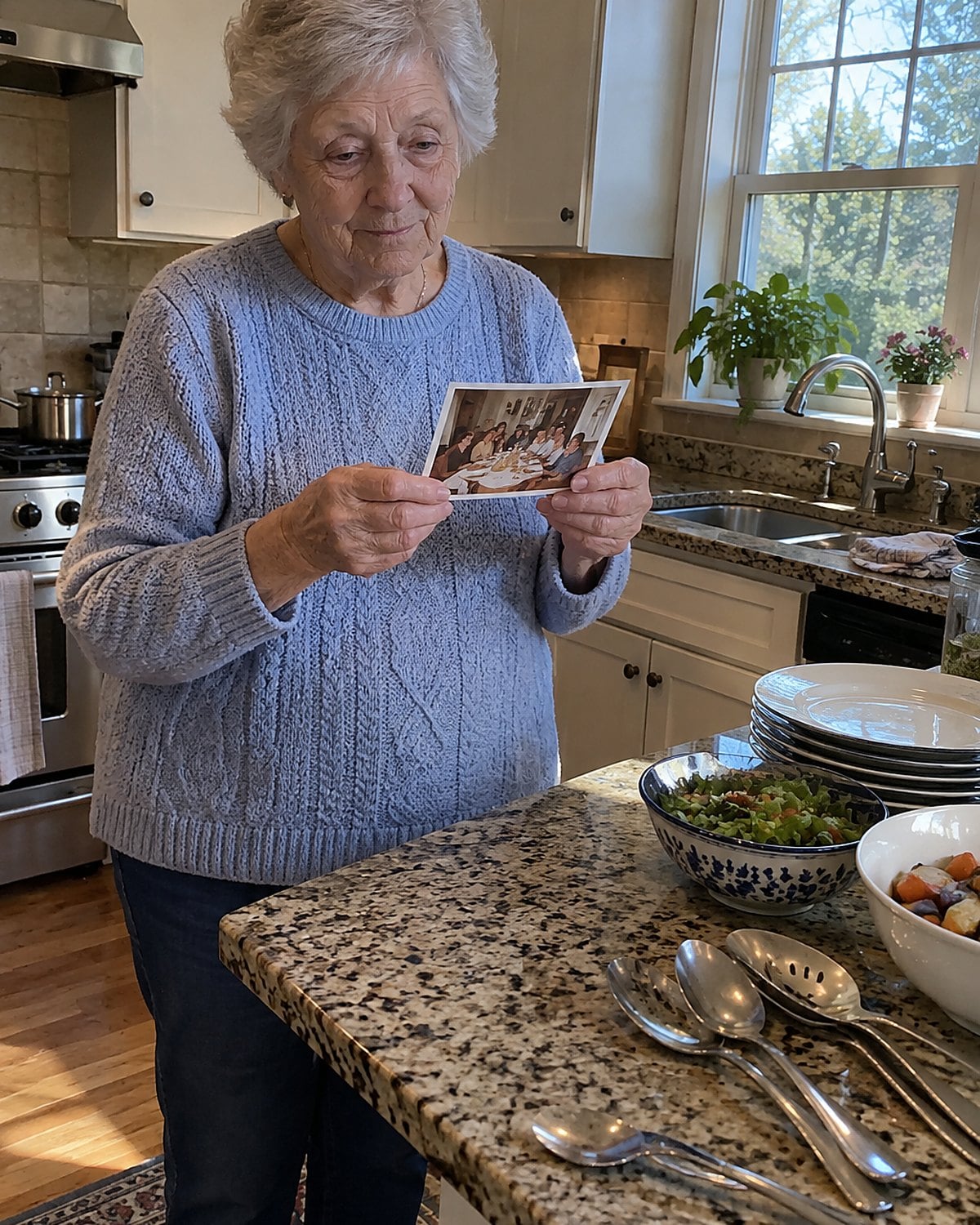 Older hands holding a worn family dinner photo over a kitchen counter scattered with serving spoons.