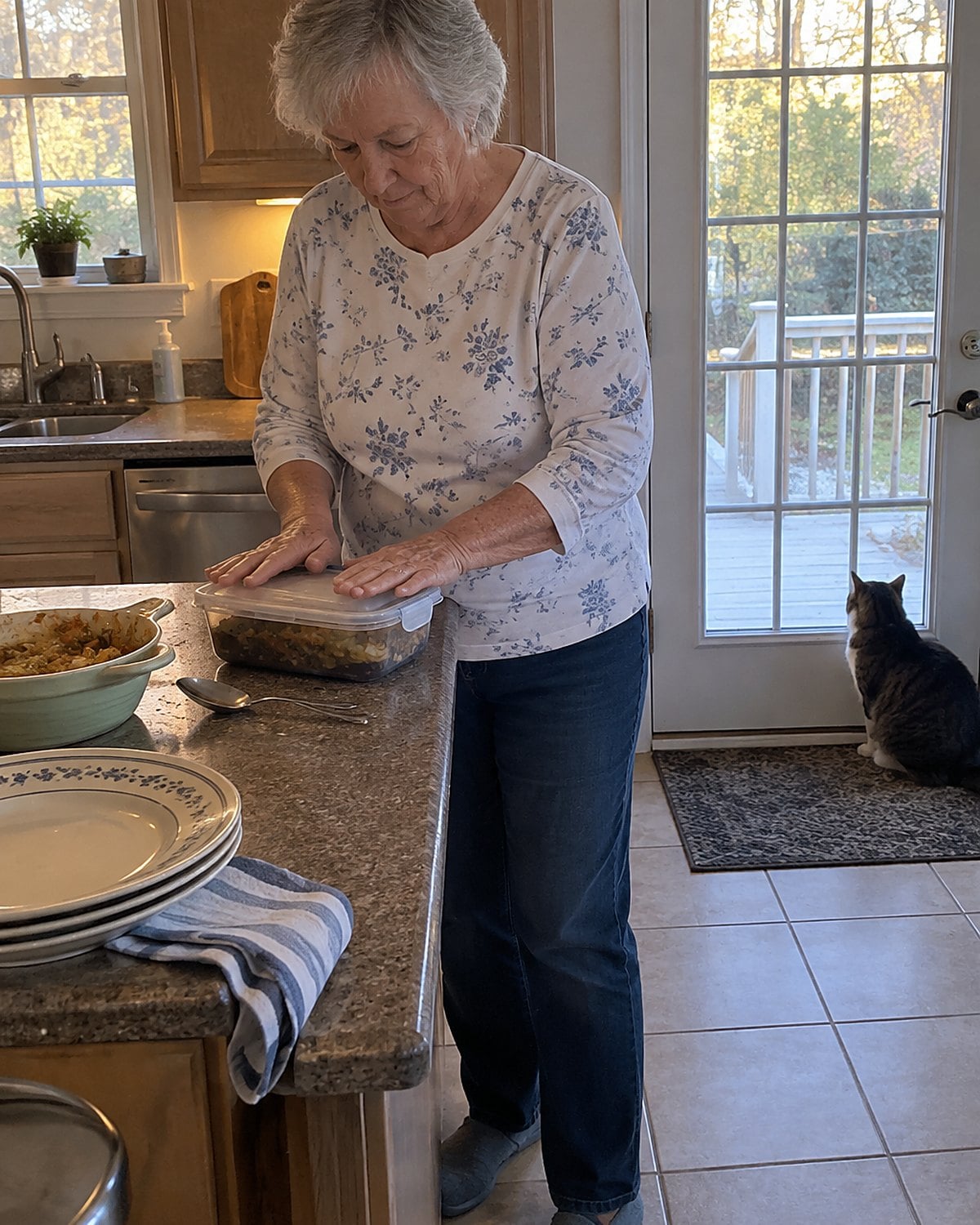 Hands packing leftover supper into a lidded container on a kitchen counter near the porch door.
