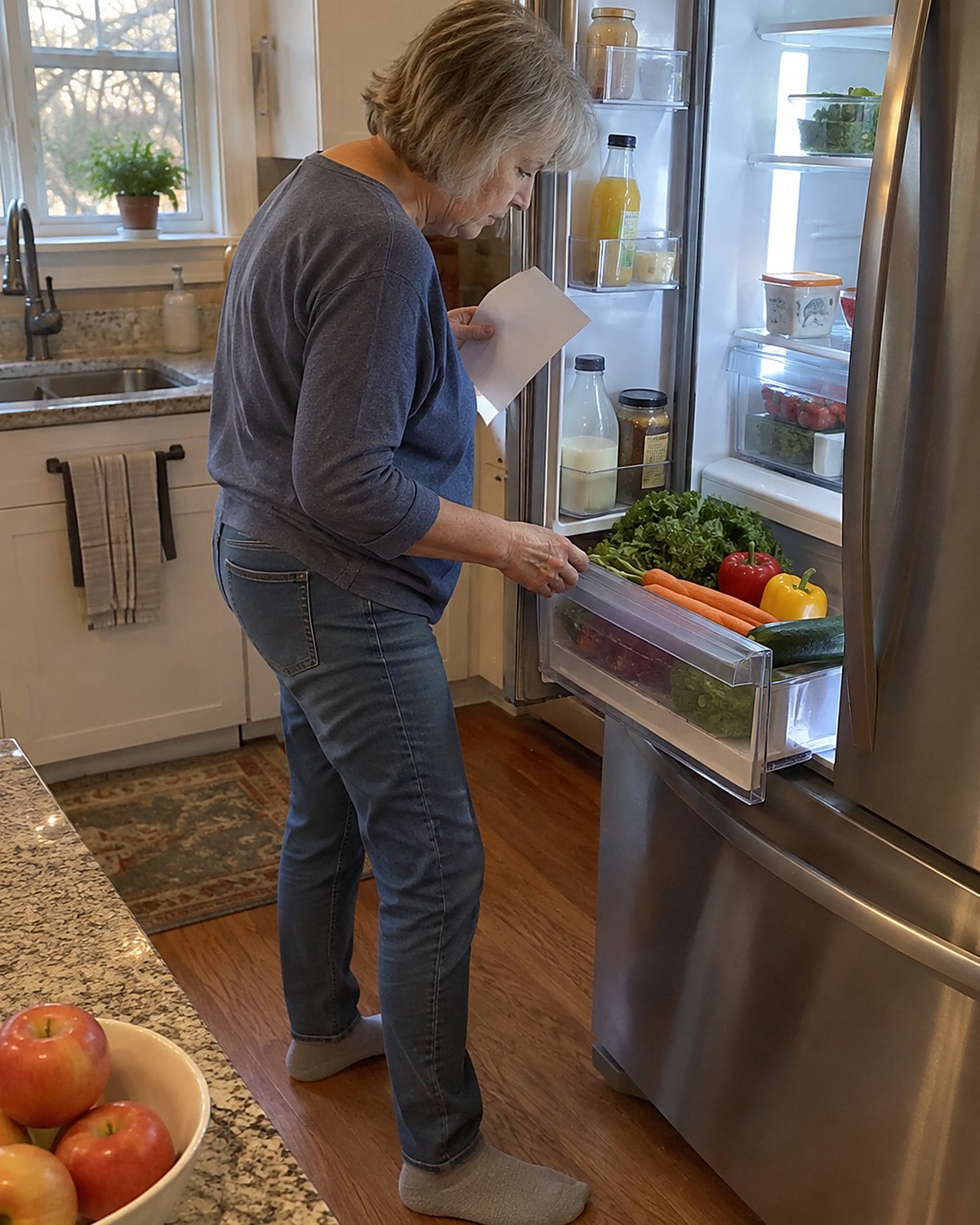 A handwritten grocery list held against the fridge door while the crisper drawer stands open.