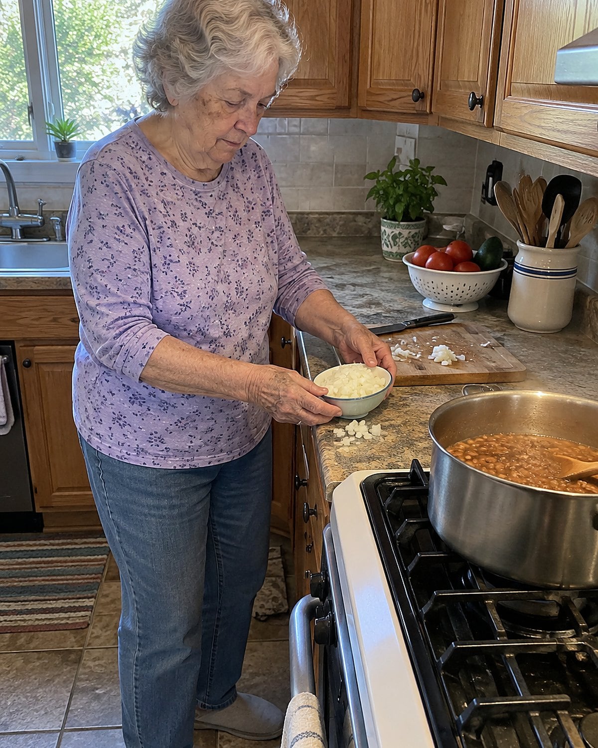 An older hand setting a small bowl of chopped onions beside a pot of beans.