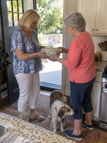 At a neighbourโs kitchen doorway mid-morning, a woman holds a covered dish while a dog stands underfoot, and neither person poses.