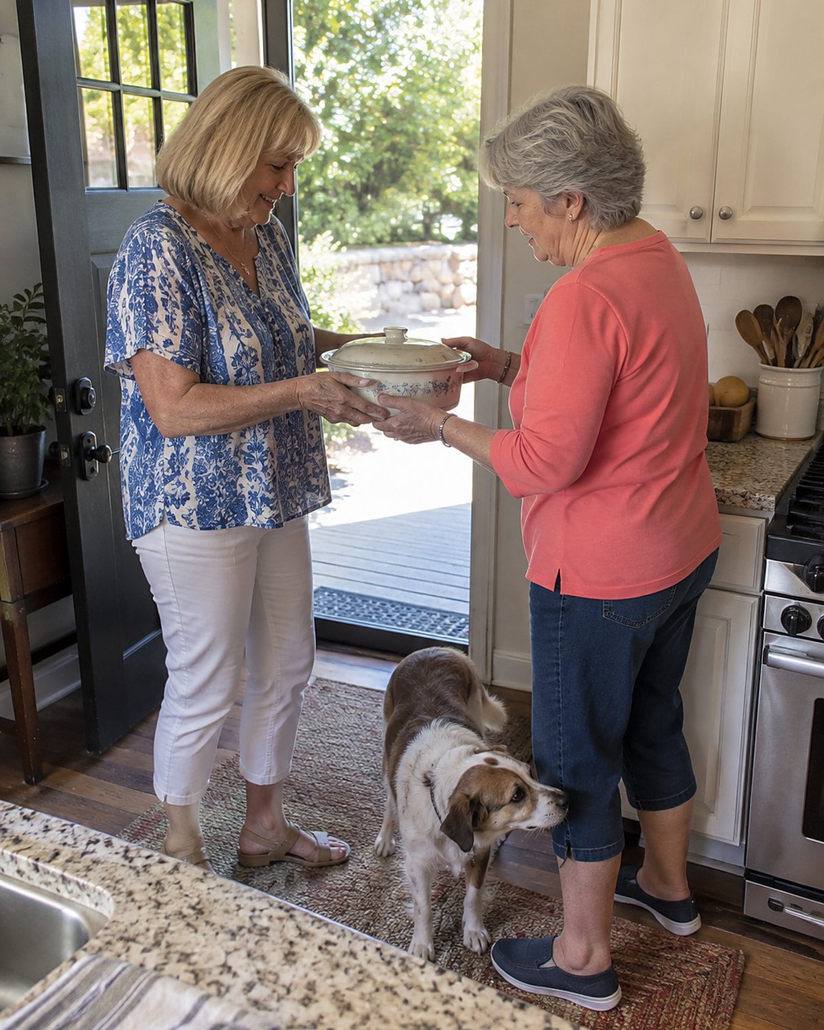 At a neighbour’s kitchen doorway mid-morning, a woman holds a covered dish while a dog stands underfoot, and neither person poses.