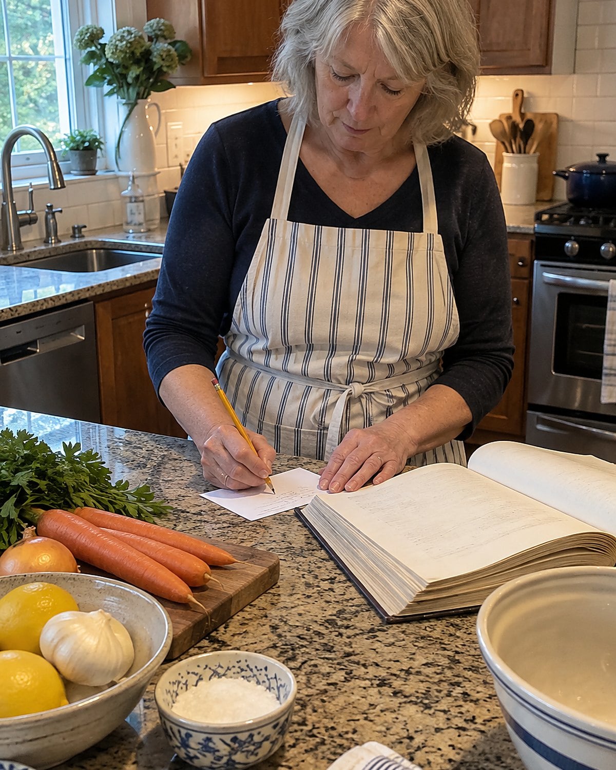 Hands writing on a card beside an open, worn cookbook on the kitchen counter.