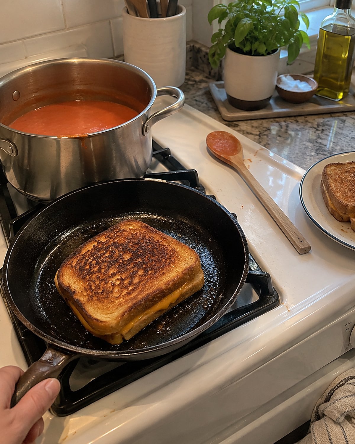 A tomato soup pot beside a skillet holding a grilled cheese sandwich with one unevenly browned edge.