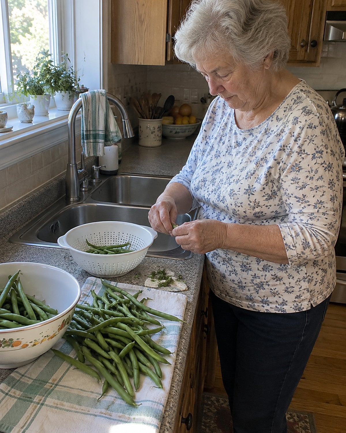 Older hands snapping green beans over a colander at the kitchen sink.