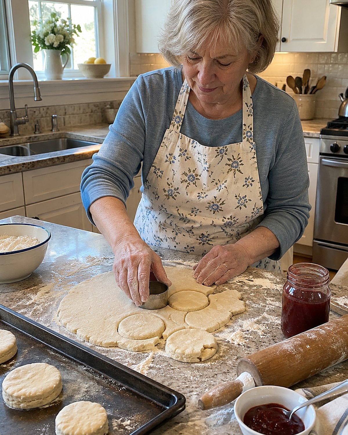 Flour-dusted hands pressing a biscuit cutter into dough beside an open jar of jam.