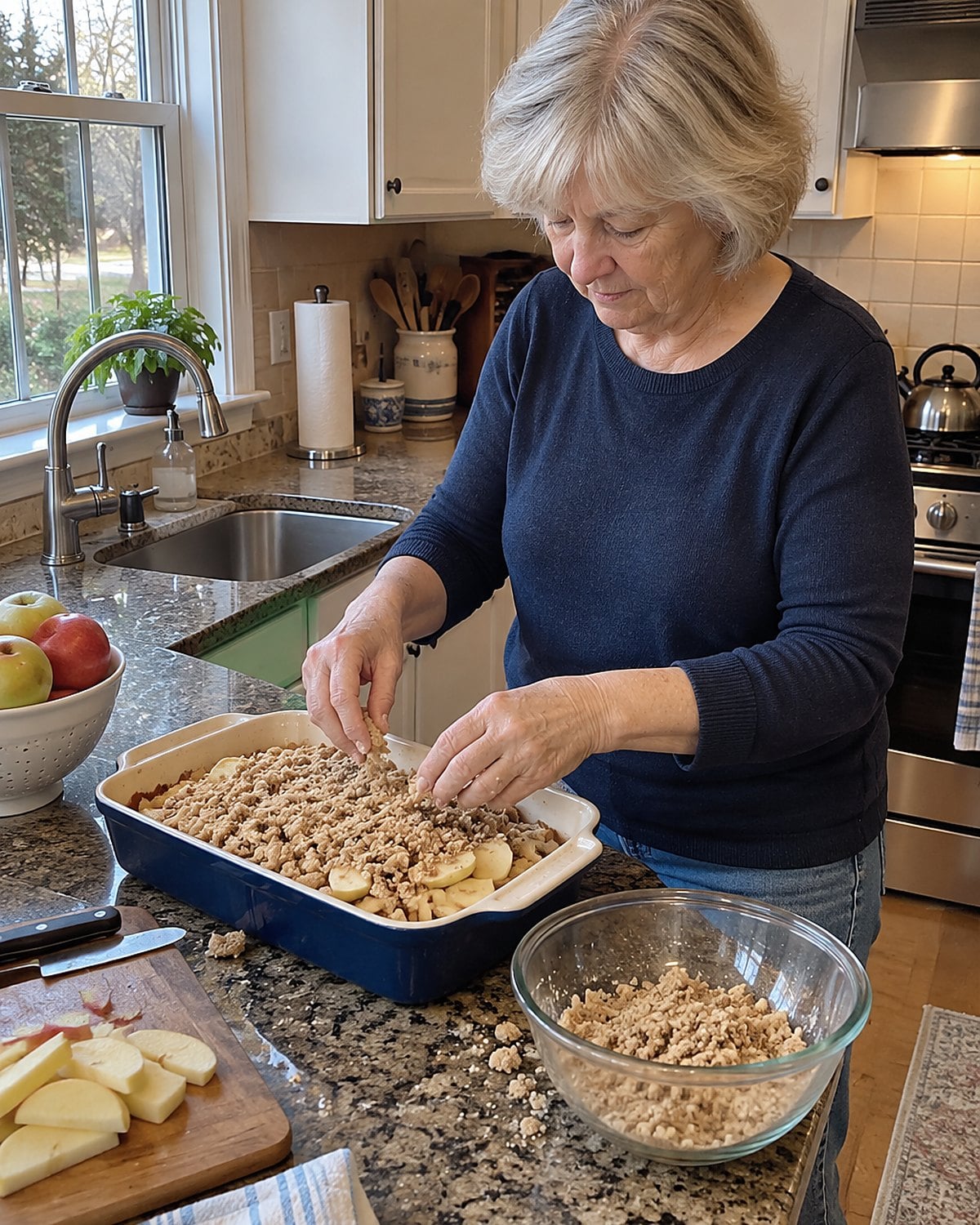 Hands rubbing crumb topping over sliced apples in a baking dish beside the sink.