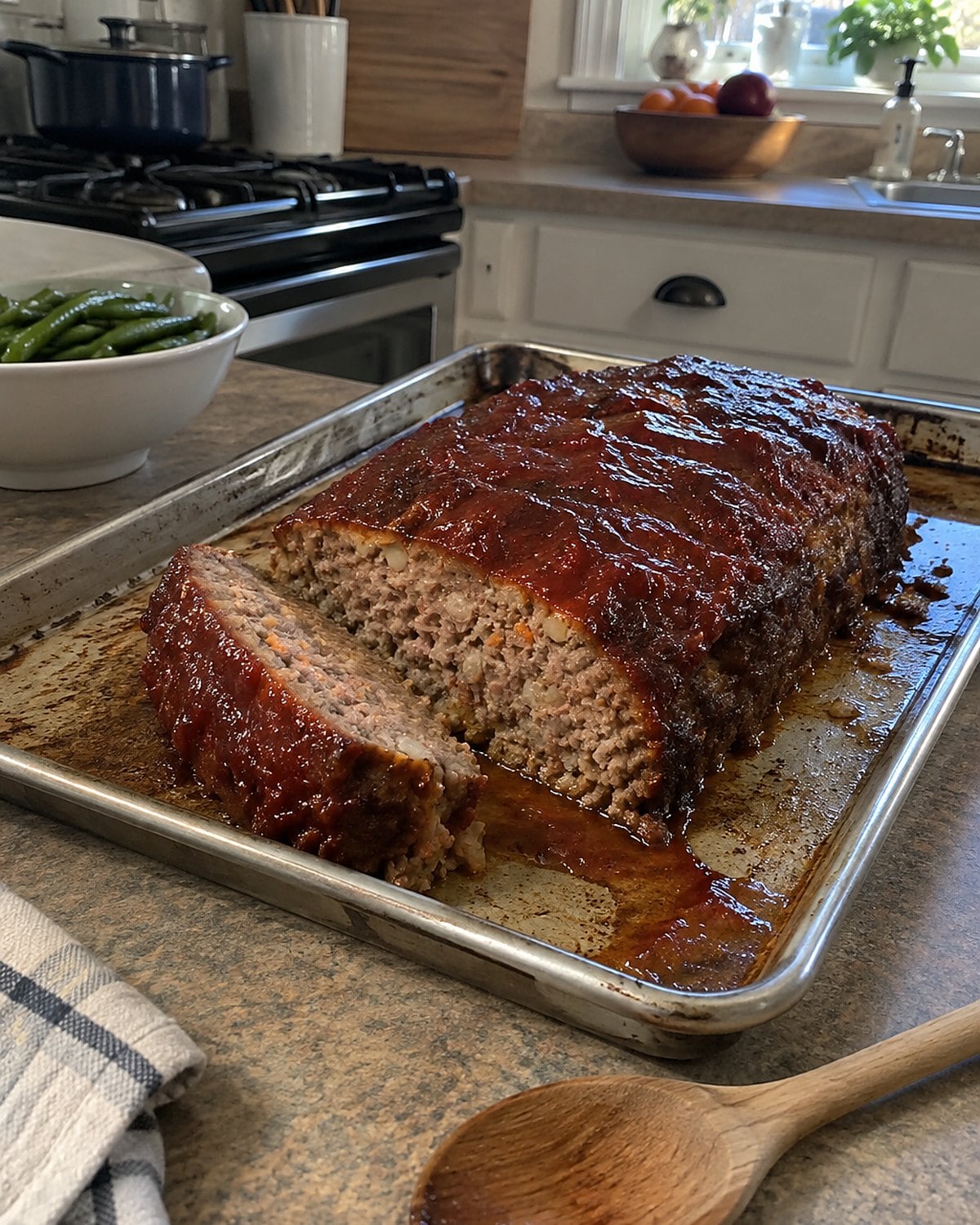 A glazed meatloaf on a rimmed baking sheet, with one thick slice cut from the end.