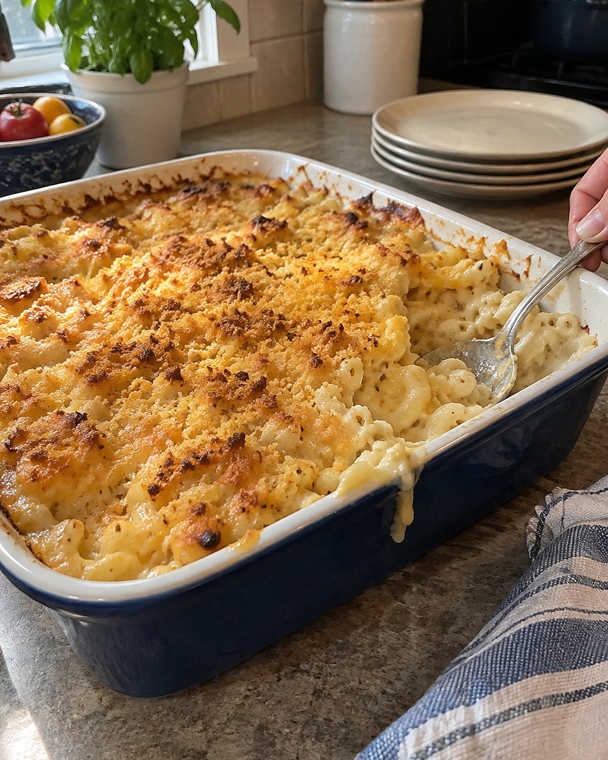 A baking dish of macaroni and cheese with a browned top and a spoon resting against one corner.