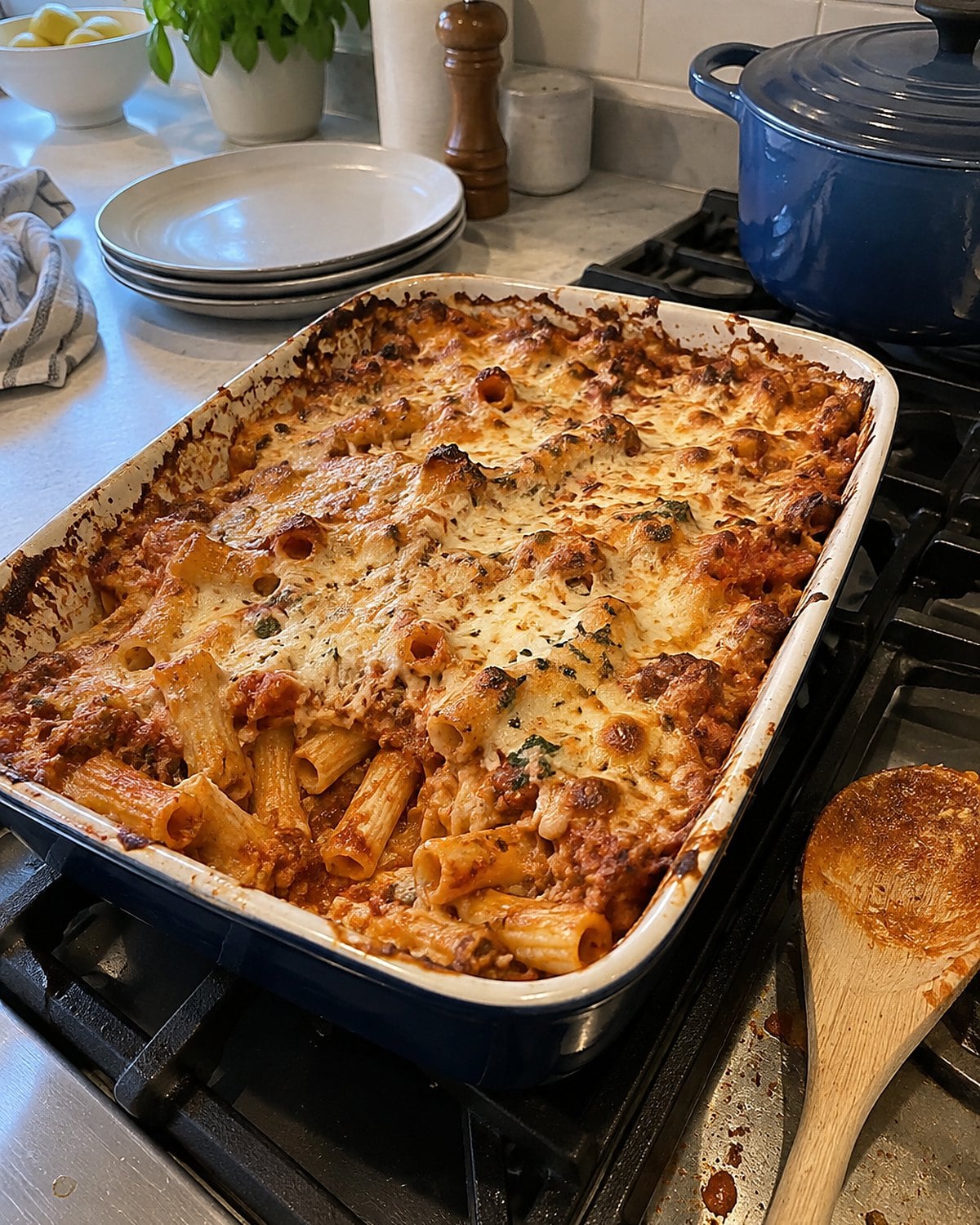 A pan of baked ziti on the stovetop, with browned cheese clinging to the corners.