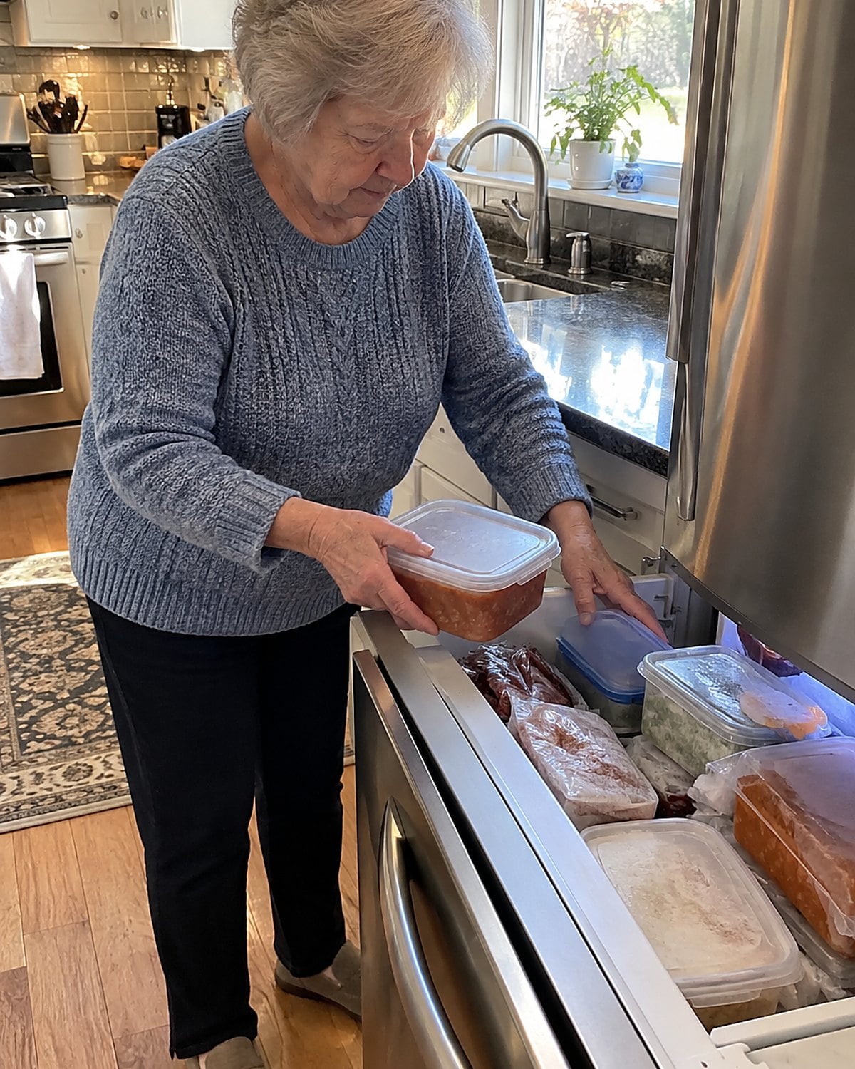 Hands putting a dated container of meat sauce into a crowded freezer drawer.