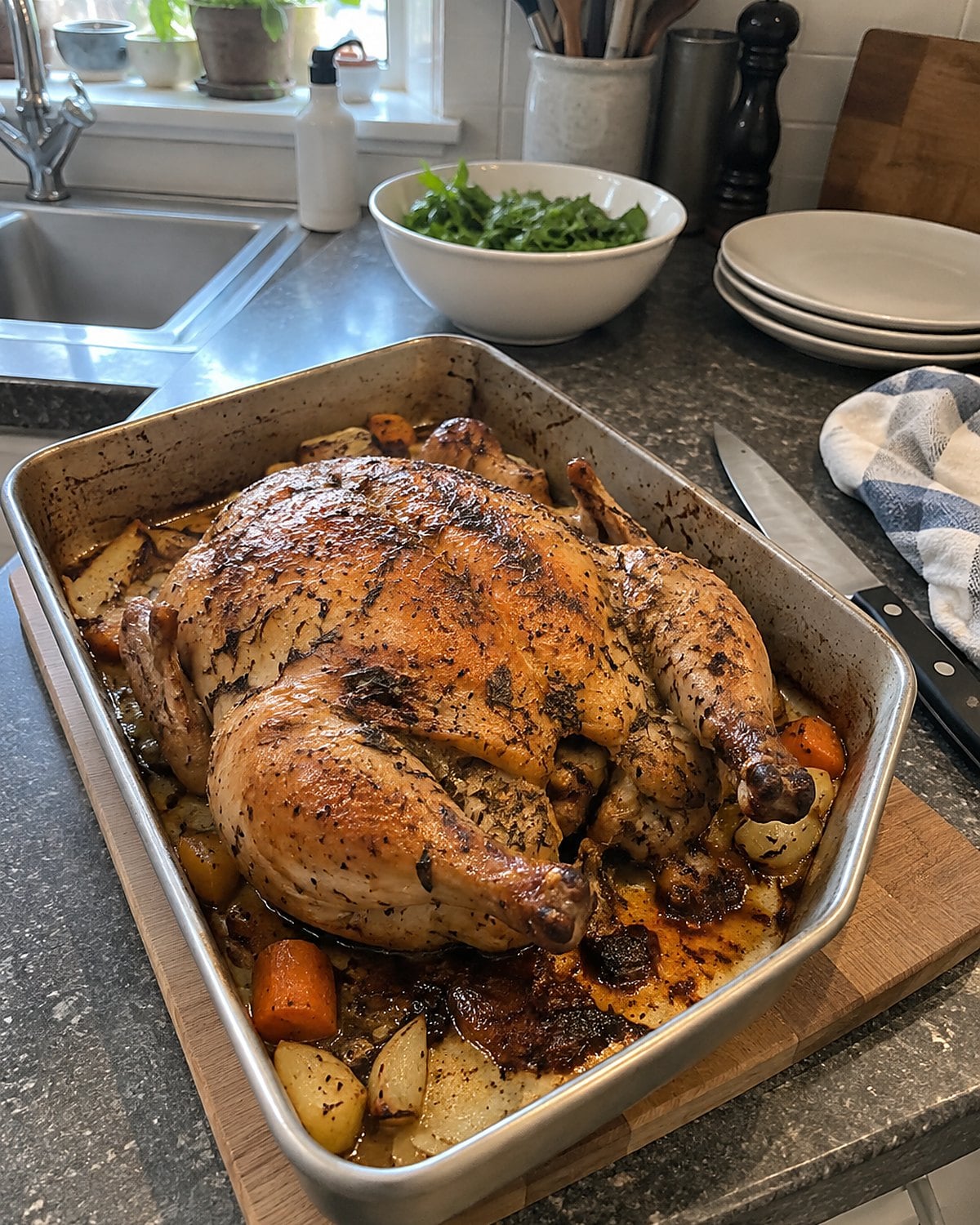 A roast chicken in a shallow pan on the kitchen counter, with a carving knife beside it.