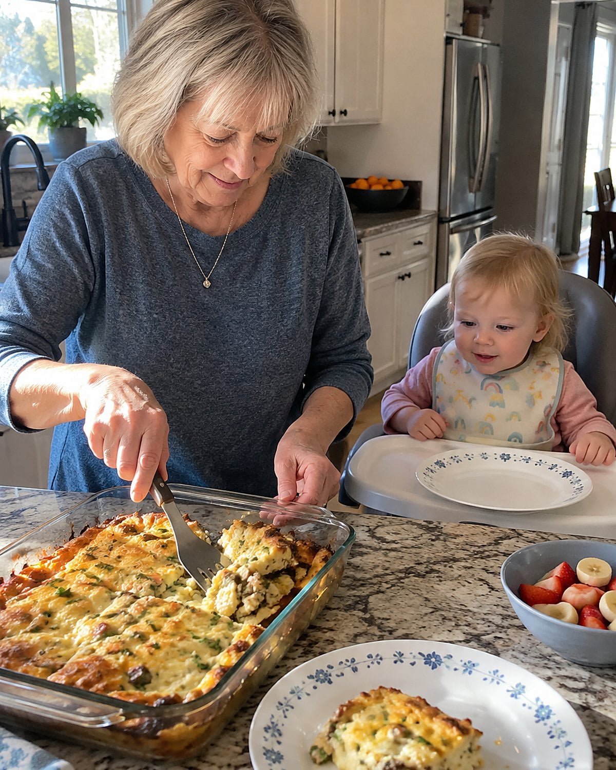 A grandchild’s high chair beside a counter where hands cut into a breakfast egg casserole.