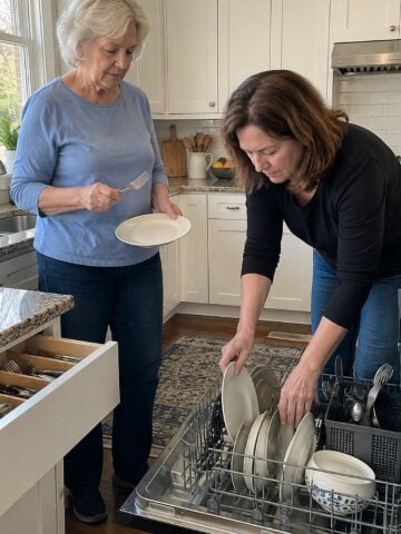 A woman and her daughter-in-law pause mid-unloading at a half-unloaded dishwasher in mid-afternoon, one holding a clean fork while the other reaches for a plate, neither posing.