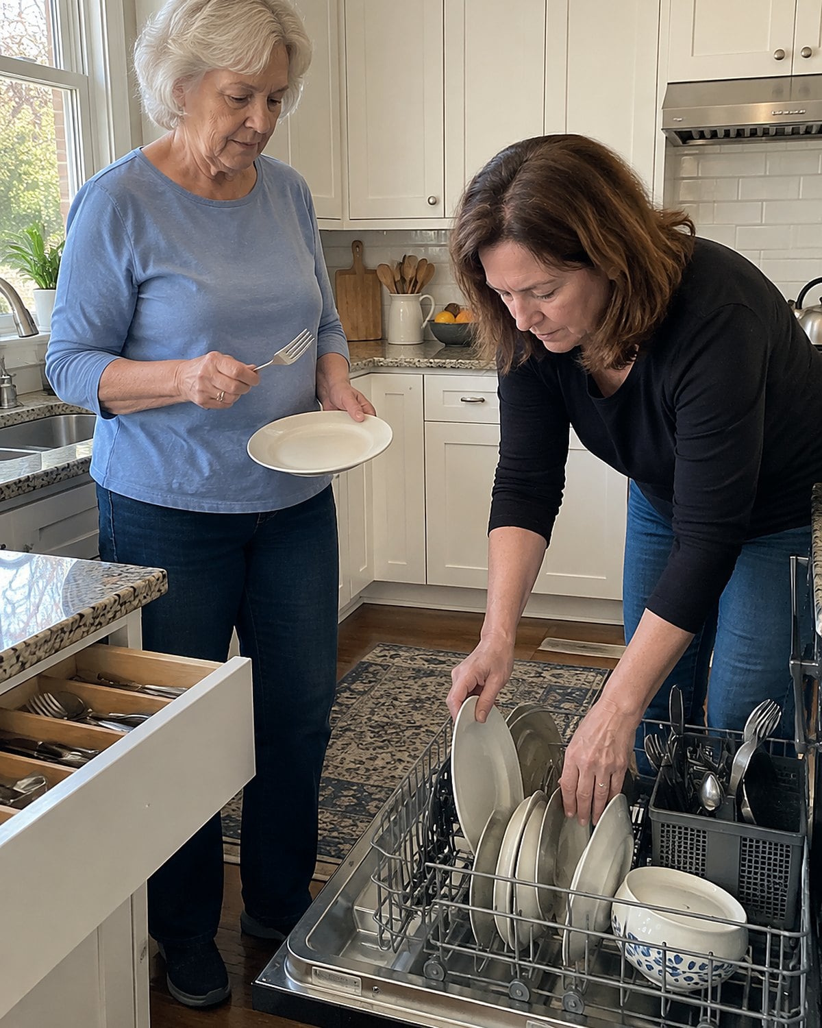 A woman and her daughter-in-law pause mid-unloading at a half-unloaded dishwasher in mid-afternoon, one holding a clean fork while the other reaches for a plate, neither posing.