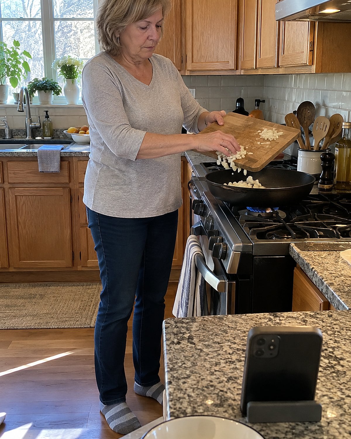 A phone beside a cutting board recording a cook’s hands as she adds onions to a skillet.