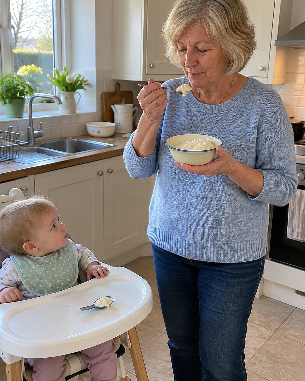 An adult hand testing a spoonful of rice pudding beside a grandchild’s high chair.