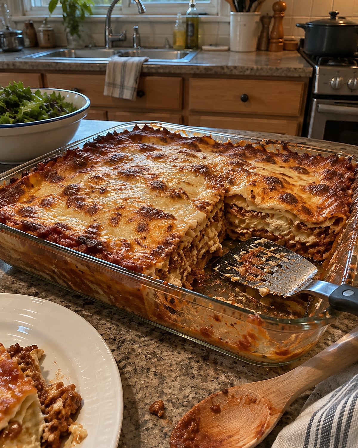 A cut corner of lasagna still in its baking dish, showing uneven layers and a little sauce on the spatula.