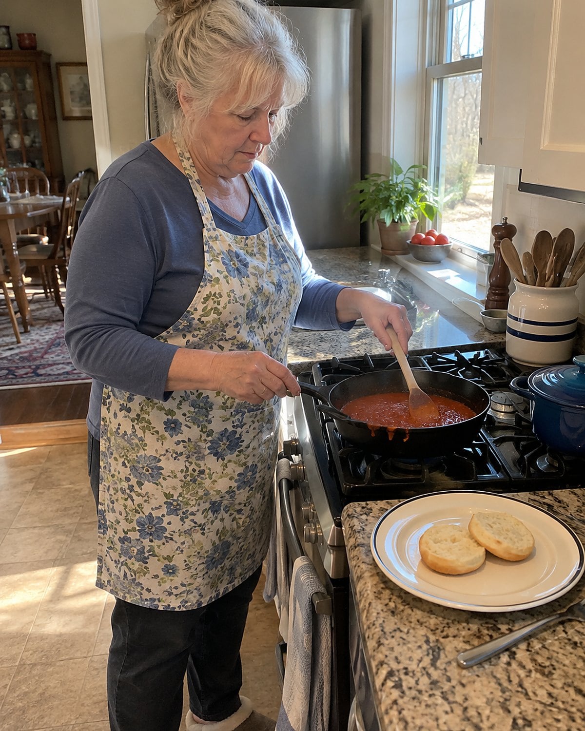 Tomato gravy being stirred in a small skillet, with a split biscuit waiting on the counter.