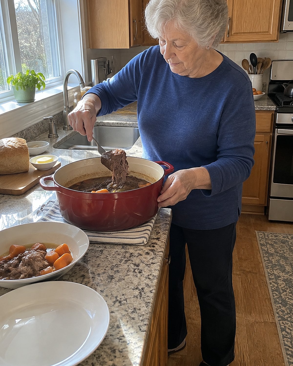A fork lifting a piece of pot roast from a Dutch oven beside softened carrots.