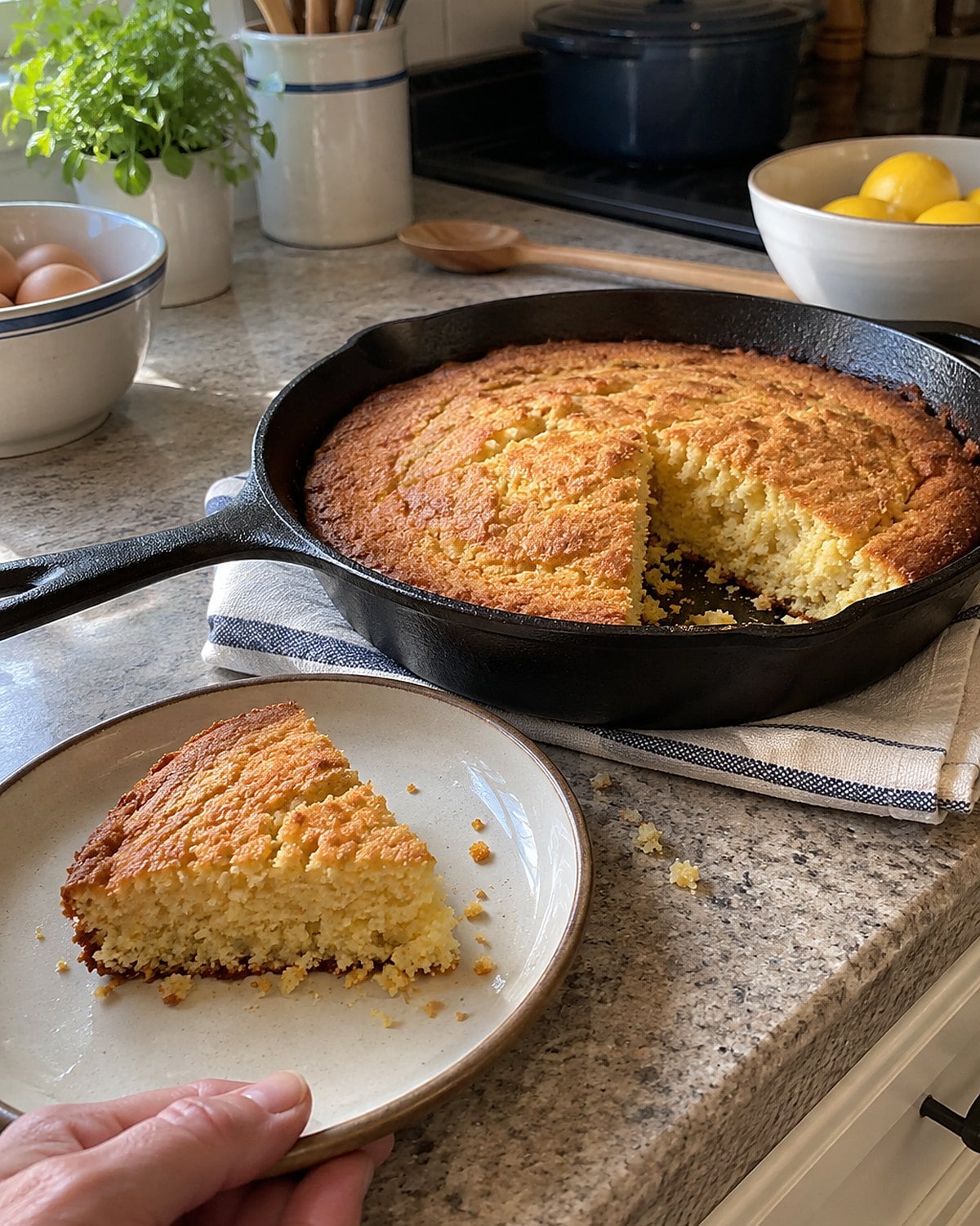 Cornbread with a dark crust in a cast-iron skillet on a folded kitchen towel.