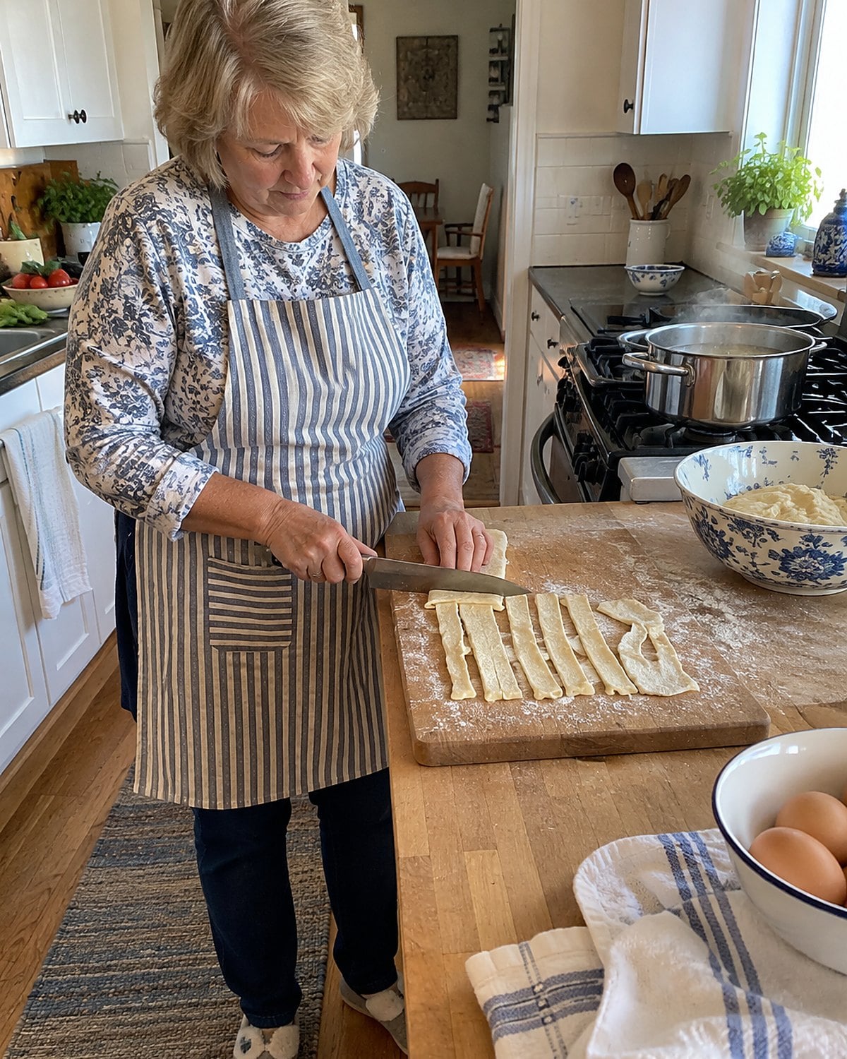 Floured hands cutting uneven strips of dumpling dough on a wooden board beside a simmering pot.