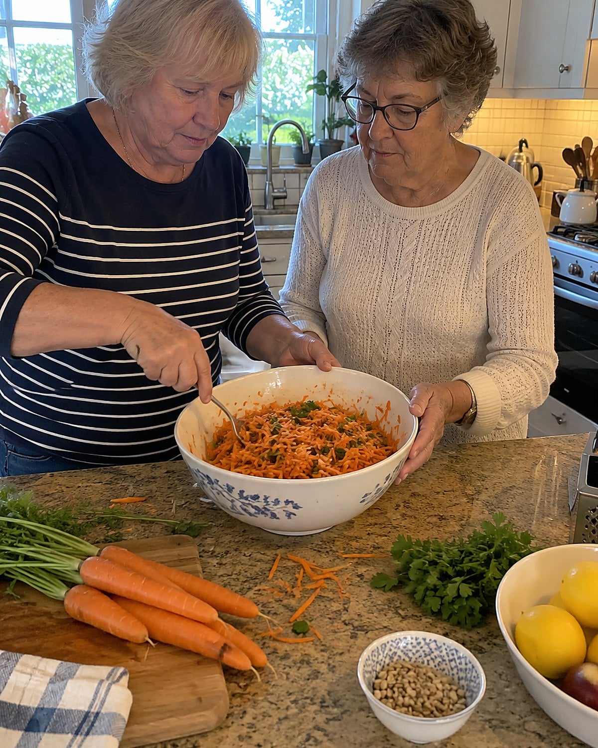 Two pairs of hands mixing shredded carrot salad in a familiar bowl at a family kitchen counter.