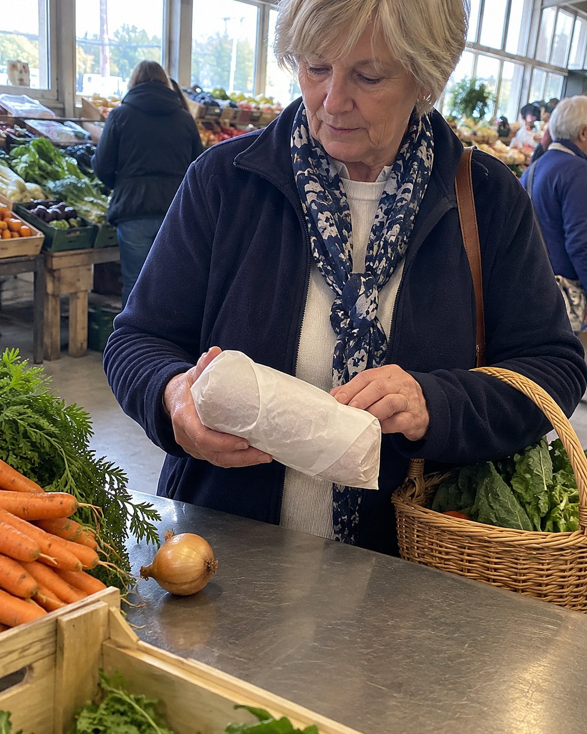A hand holding a wrapped package of ground meat at a market counter beside a small onion.