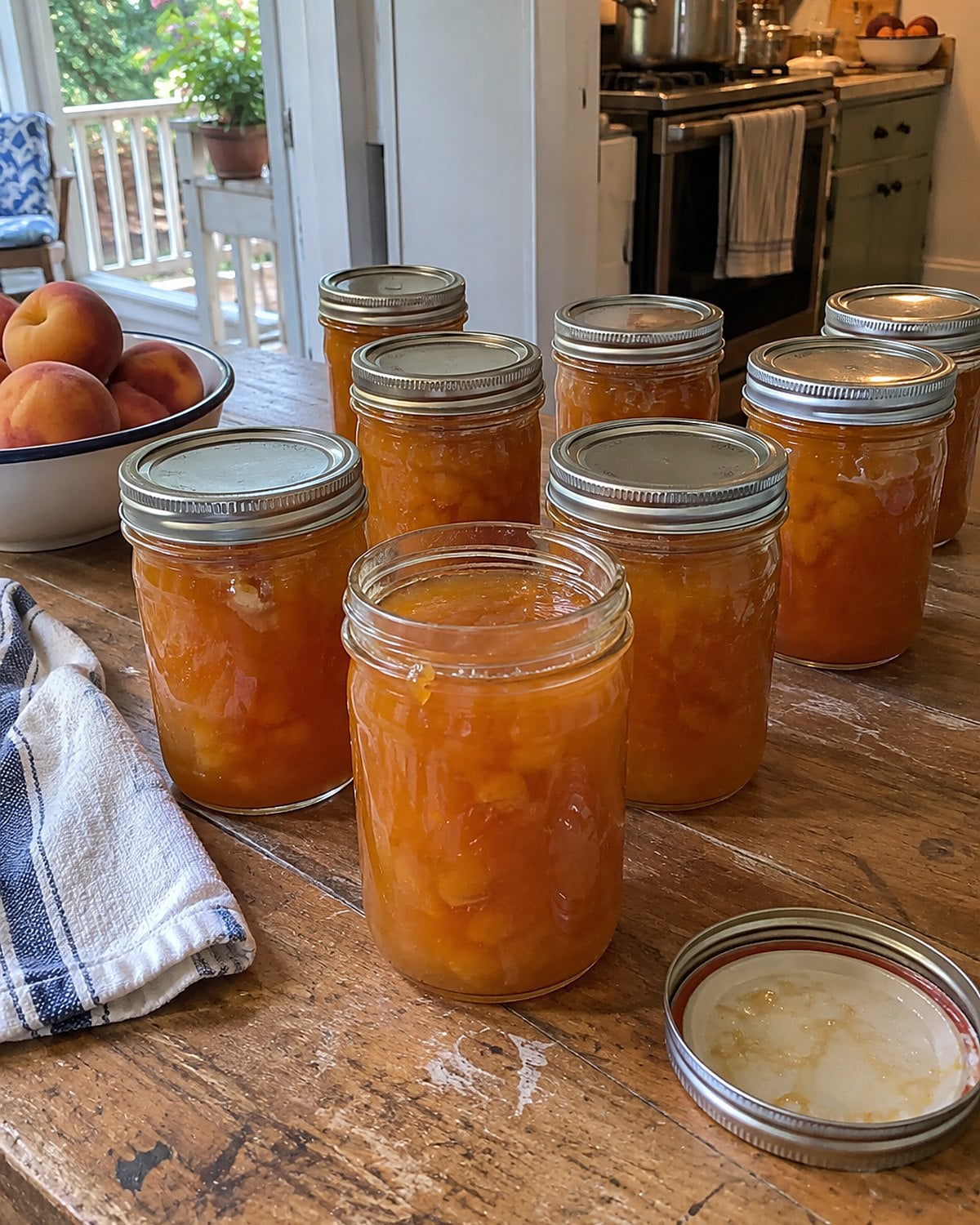 Peach jam jars cooling on a porch table, with a used pot visible through the kitchen doorway.