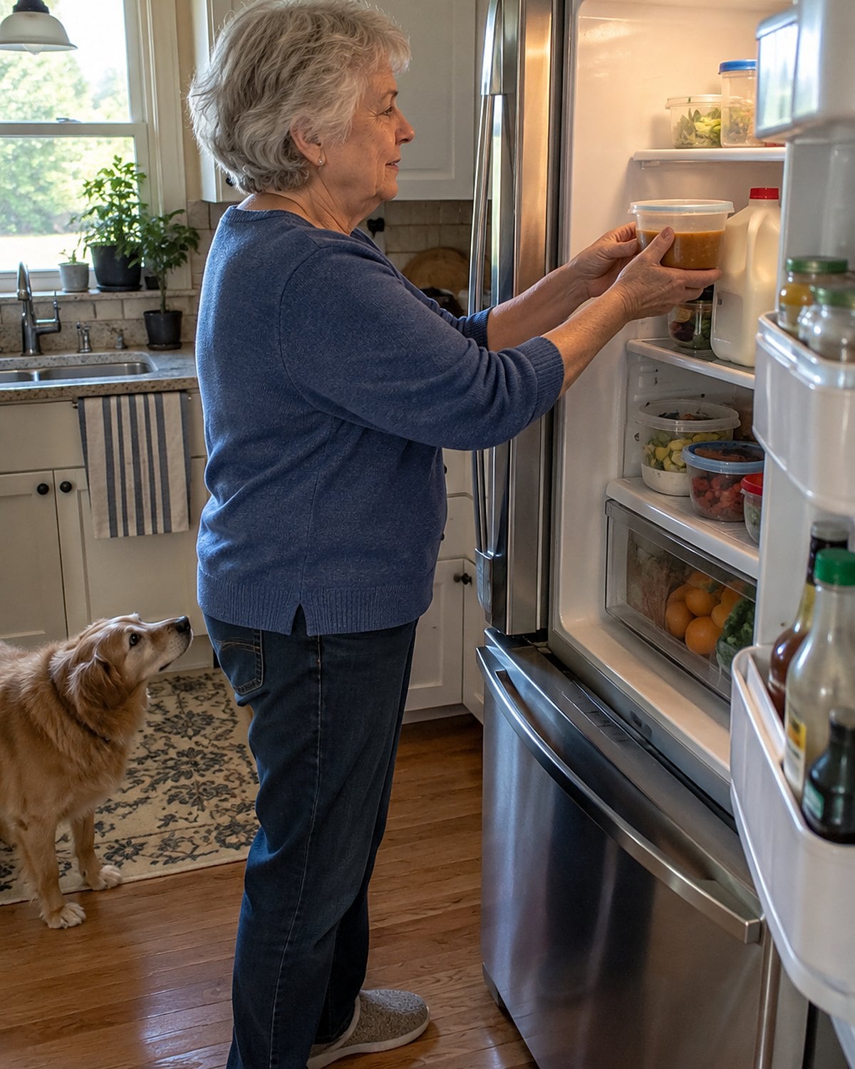 An older woman’s hands placing a labeled yogurt tub of soup on a refrigerator shelf.