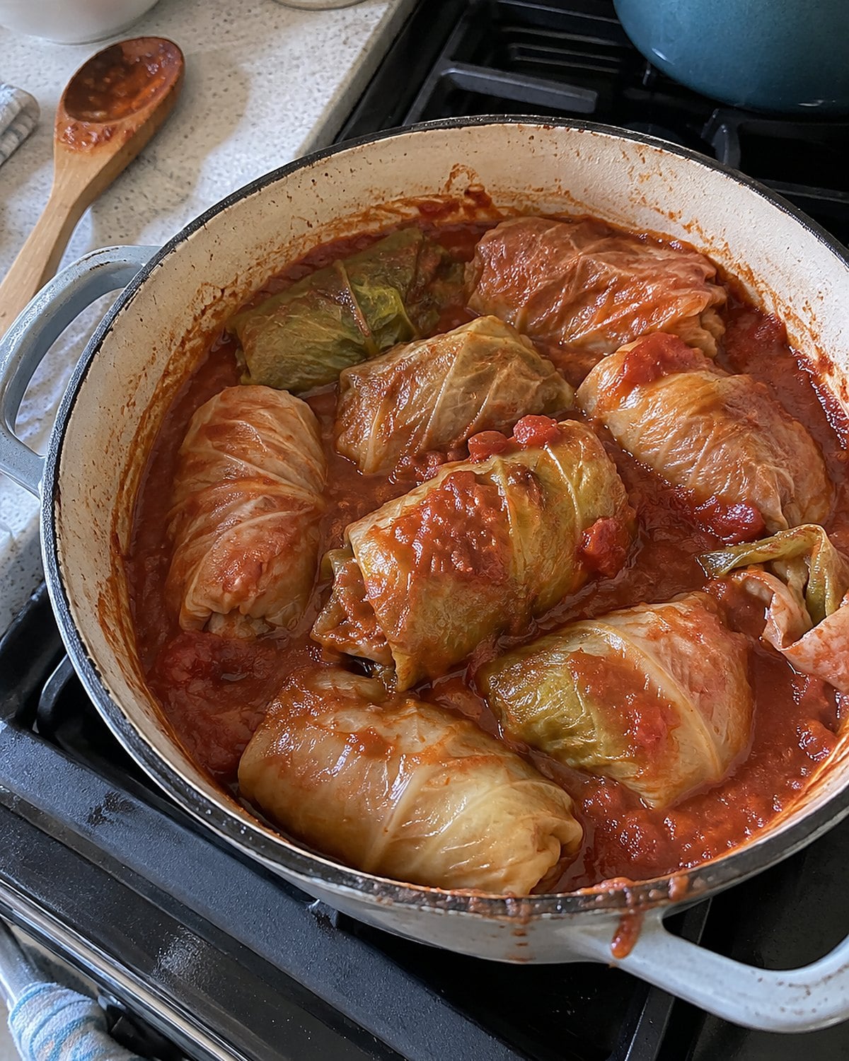 Cabbage rolls tucked seam-side down in a pot of tomato sauce, with one torn leaf at the edge.