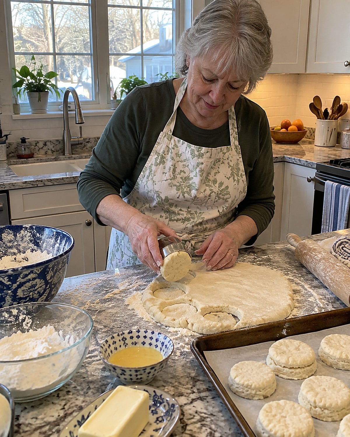 Floured hands pressing a biscuit cutter straight into dough on a crowded counter.