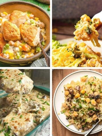 Collage of easy dump-and-bake casserole recipes including vegetable pot pie, cheesy chicken broccoli rice, smothered pork chops, and chickpea