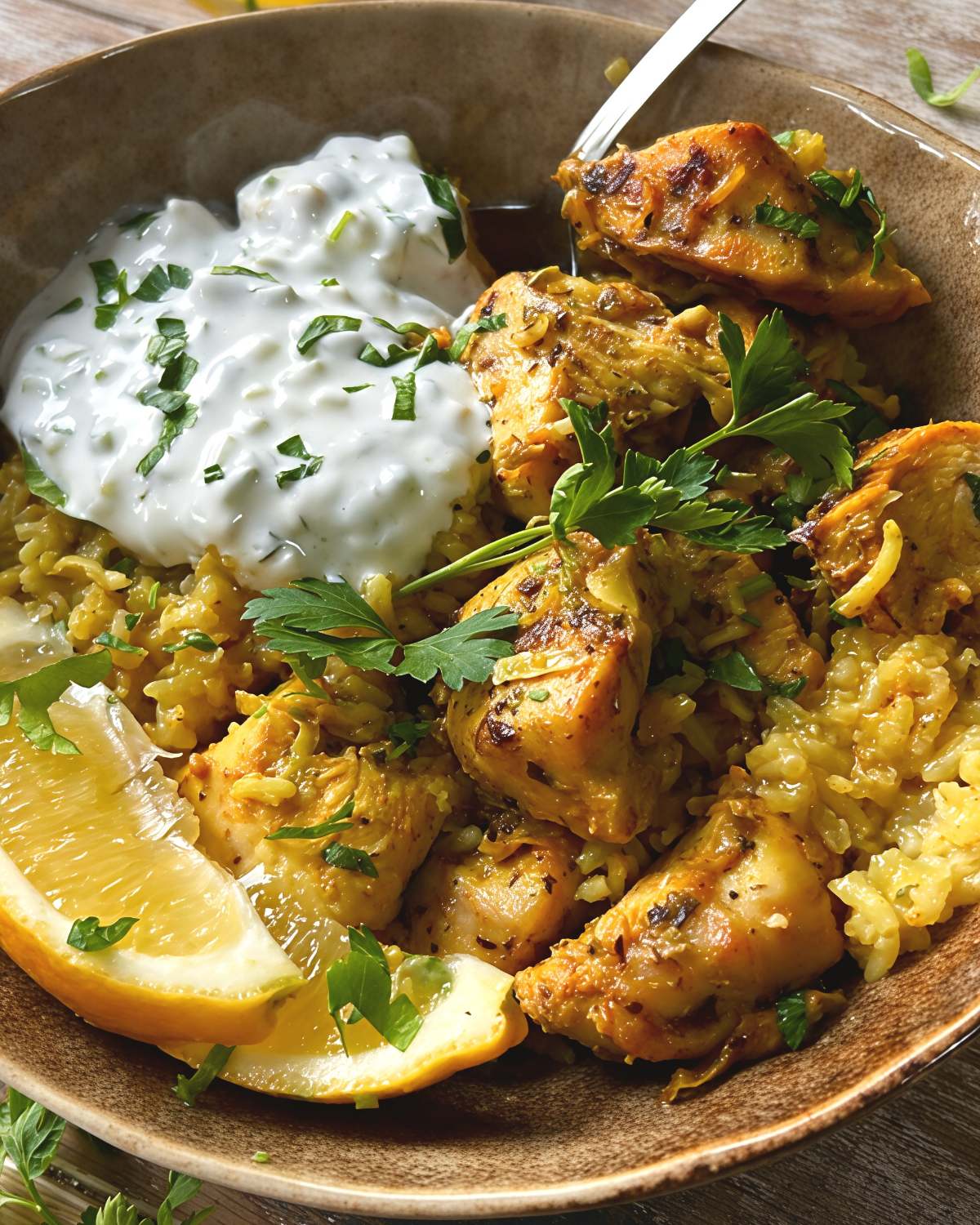 Dump-and-bake chicken, tzatziki, and rice served in a bowl with fresh lemon wedges and herbs.