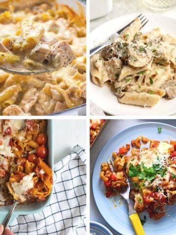 Easy dump and bake pasta recipes with creamy white sauce and melted cheese in baking dishes