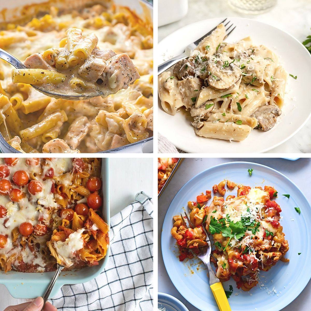 Easy dump and bake pasta recipes with creamy white sauce and melted cheese in baking dishes