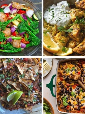 Four-panel collage of healthy dump and bake recipes including chicken and vegetables, rice casserole, and taco bake.